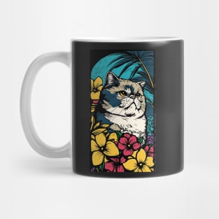 Exotic Shorthair Cat Vibrant Tropical Flower Tall Retro Vintage Digital Pop Art Portrait Mug